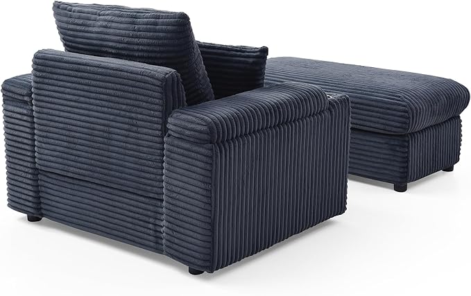 43.3 W Oversized Corduroy Chaise Lounge Chair Comfy Sleeper Sofa with Cup Holder and Storage Ottoman 3 Throw Pillows Included Deep Seat Upholstered Reading Chair for Living Room (Gray)