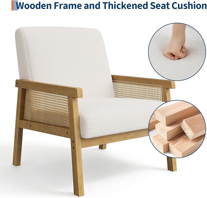 GAOMON Mid Century Boucle Fabric Accent Chair Rattan Armchair with Wooden Armrest and Legs Modern Lounge Chair for Living Room/Bedroom/Reading Room/Waiting Room Ivory