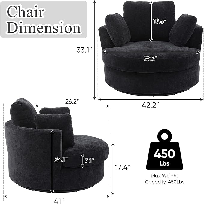 SLEERWAY Oversized Swivel Chairs Set of 2 Big Comfy Round Accent Barrel Chair and A Half Bucket Loveseat Bedroom Club Reading Lounge Living Room Furniture Set (Black)