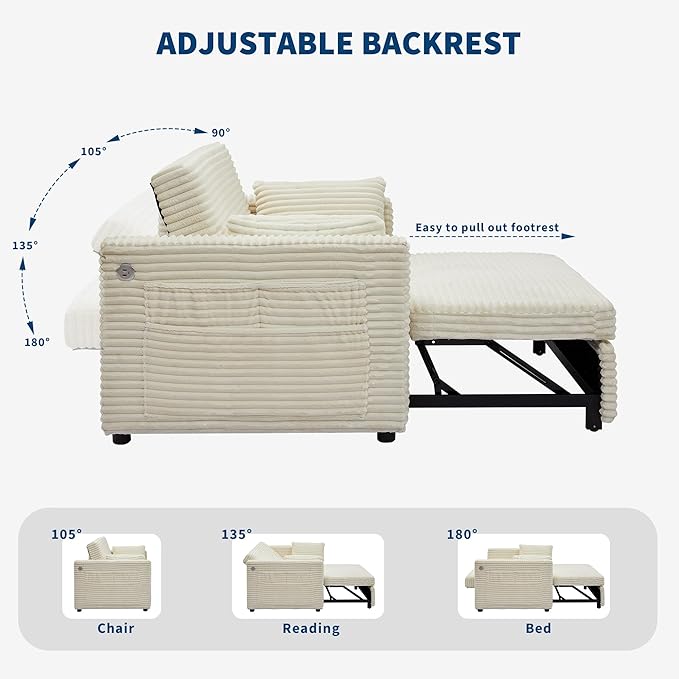 Loveseat Sleeper Sofa Bed 55'' Pull Out Couch with Adjustable Backrest Charging Station and Side Pockets Corduroy Couches for Living Room Bedroom and Apartment White