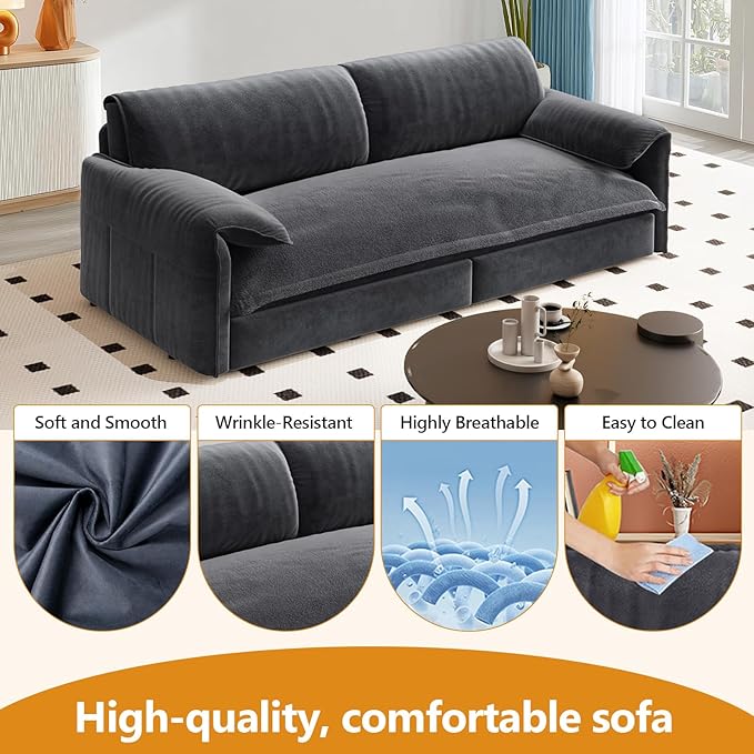 66 Queen Size Sofa Bed 3 in 1 Convertible Pull Out Sleeper Sofa with Thicked Cushions and Side Storage Velvet Loveseat Couch for Home Living Room Bedroom Apartment Lounge Small Spaces Grey