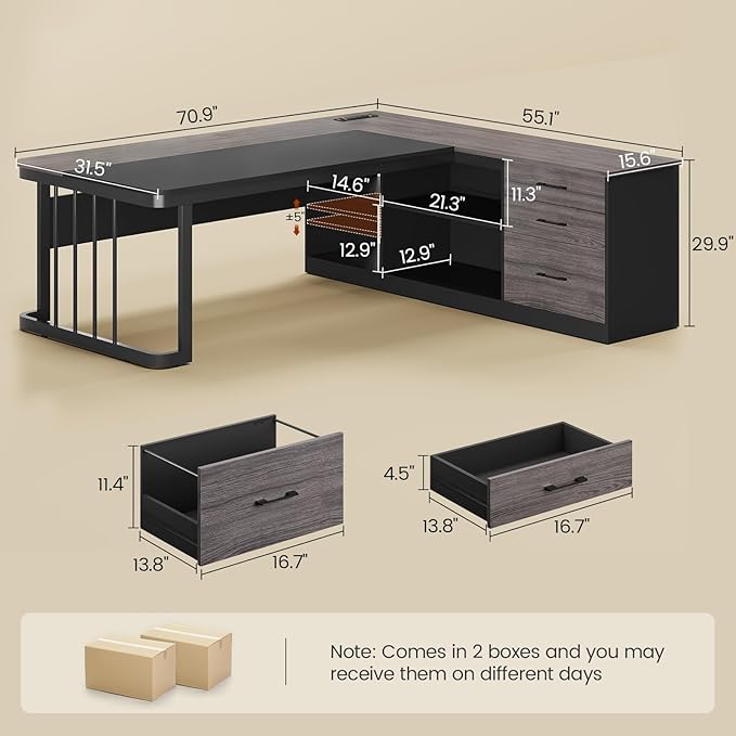 71 Executive Desk Large Office Desk with Drawers &amp Storage Shelves Modern L Shaped Computer Desk Corner Desk with Power Outlets File Cabinet Business Furniture Desk Workstation (Grey)