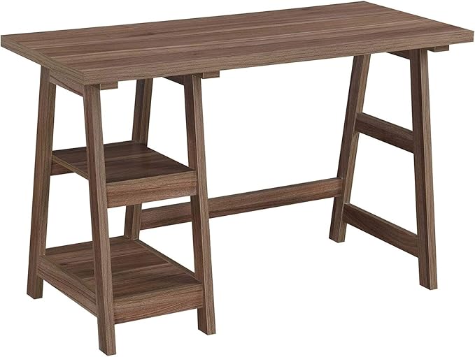 Pemberly Row Modern Trestle Writing Desk Cappuccino Wood Finish 29.25 H x 20.25 W x 47 D Fixed Shelves Contemporary Style Durable Wooden Home Office Desk for Books Supplies or Computer
