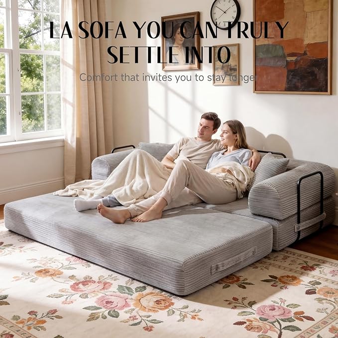 79 Corduroy Sofa Bed Boneless Couch in a Box with 2 Pillows High-Density Foam 4-in-1 Foldable Sleeper Futon Loveseat for Small Spaces No Assembly Side Pockets Light Grey