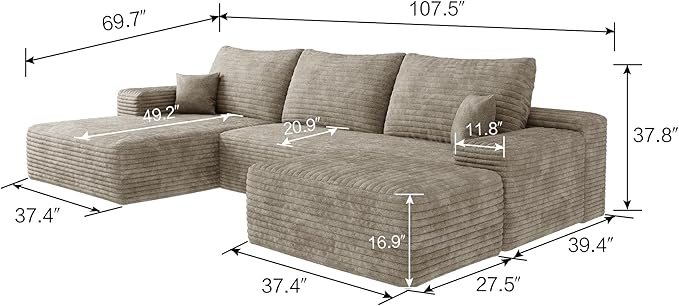 Ball &amp Cast 107 Cloud Sectional Couch with OttomanModern Upholstered Boneless Modular Sofa for Living Room BedroomDeep Seat Compression SofaNo Assembly Required Plush CorduroyRight FacingCam