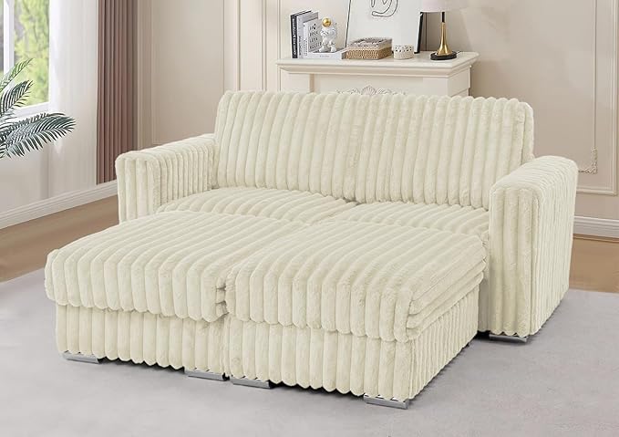 72 U-Shape Corduroy Sofa with 2 Movable Ottomans Upholstered Seational Sofa with Stable Feet Deeper 2 Seats Couch with Thickened Seat Cushions for Living Room Bedroom Office Beige