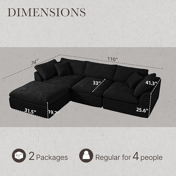 Cloud Modular Sectional Sofa Couch110” L Sofa with Wide Armrest Modern High-Density Sponge Compressed Sofa Couch for Living Room BedroomNo Assembly Needed (Black 3 Seats+1 Ottoman)
