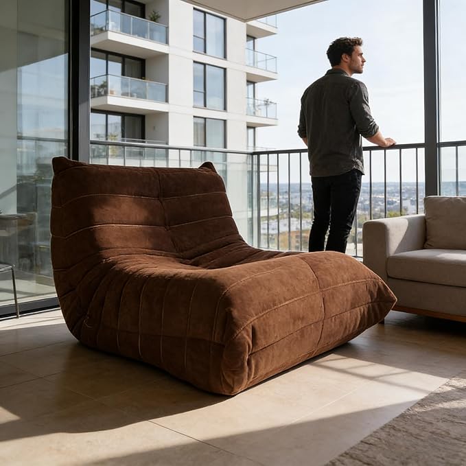 Bean Bag Chair - Memory Foam Bean Bag Chair for Adults Comfy High-Resilience Single Sofa Small Space Floor Chair Chaise Lounge for Living Room Bedroom (Dark Brown Wrinkles)
