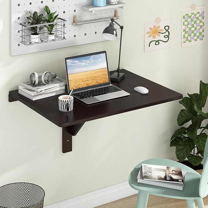 Tangkula 31.5 Wall Mounted Folding Desk Drop-Leaf Floating Desk with Spacious Surface Space-Saving Foldable Wall Table for Study Bedroom Bathroom Balcony &amp Small Spaces