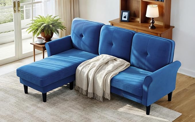 Sofas for Living Room 83 Velvet Sectional Couch with Moveable Ottoman Midcentury Modern Small Sectional Couch L Shape Sofa &amp 3 Seater Couches for Living Room Apartment Bedroom Blue