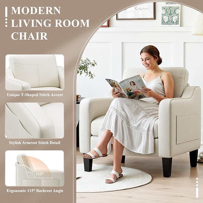 PU Leather Accent Chair Mid-Century Modern Living Room Armchair Sofa with Removable Cushions Solid Wood Frame &amp Stitched Armrest Design Bedroom Chair with Plastic Legs Beige