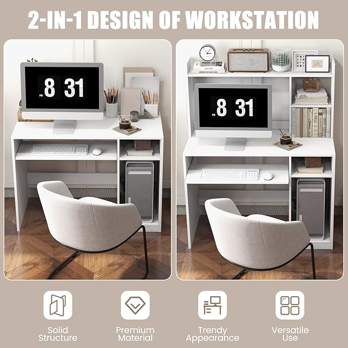 COSTWAY White Modern Large Computer Desk with Storage Shelf Office Desk with Hutch CPU Stand &amp Keyboard Tray Home PC Desk with Bookshelf for Bedroom Study Living Room