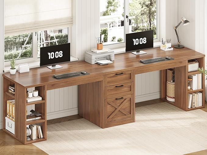 SEDETA Farmhouse 96.5 Computer Desk with Drawers 2 Person Home Office Desk Gaming Double Desk with Storage Shelves Long Two Person Writing Desk Brown