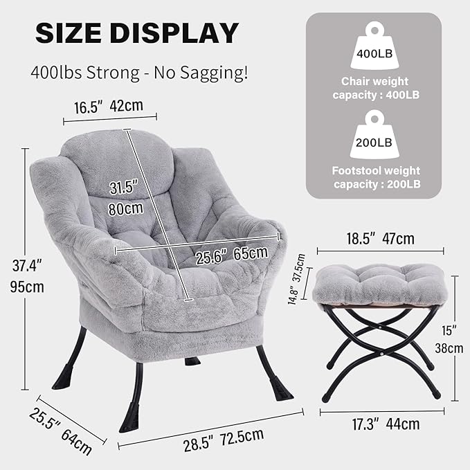 Tiita Lazy Chair with Ottoman Light Grey Modern Large Accent Armchair Comfy Leisure Sofa Reading Chair with Footrest for Bedroom Living Room Dorm Rooms Garden Plush Light Grey