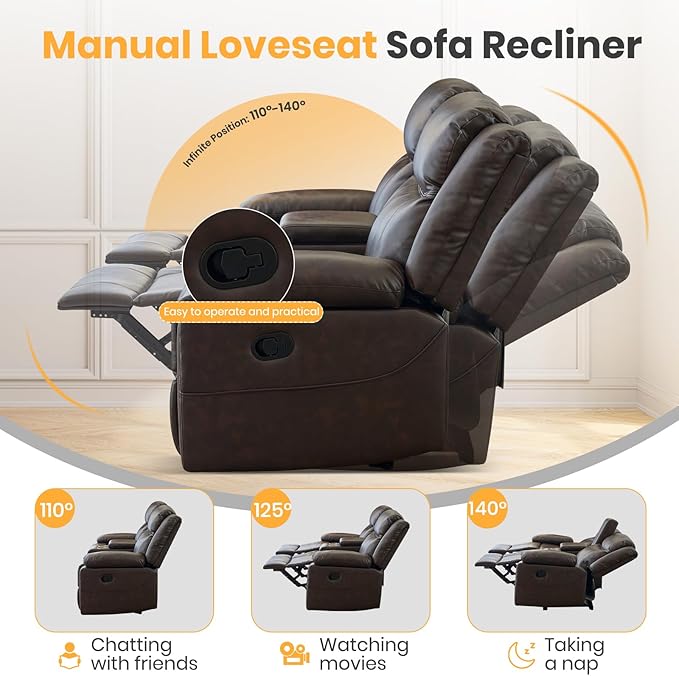 Loveseat Recliner Sofa with Massage &amp Heating Reclining Loveseat with Console RV Wall Hugger Double Loveseat Recliner Couch for Living Room &amp Home Theater (Brown)