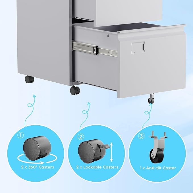 Aobabo 2 Drawer Filing Cabinet with Wheels Lockable Metal File Cabinet with Business Card Slot for Legal/Letter Size Home Office Required AssembledWhite