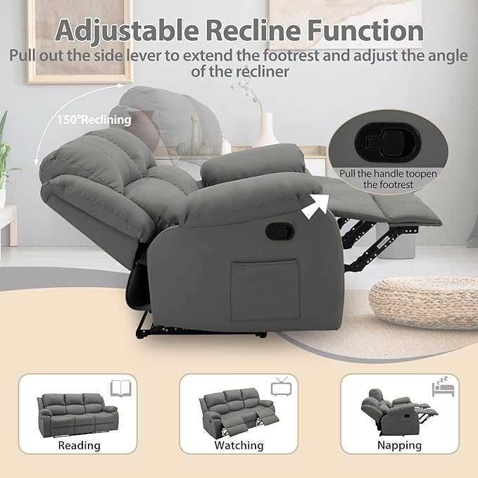3 Seat Reclining Sofa Leather 3-Seater Manual Reclining Couch with Side Pocket Easy Assembly Reclining Loveseat Sofa for Living Room Meeting Room Bedroom Office Apartment RV
