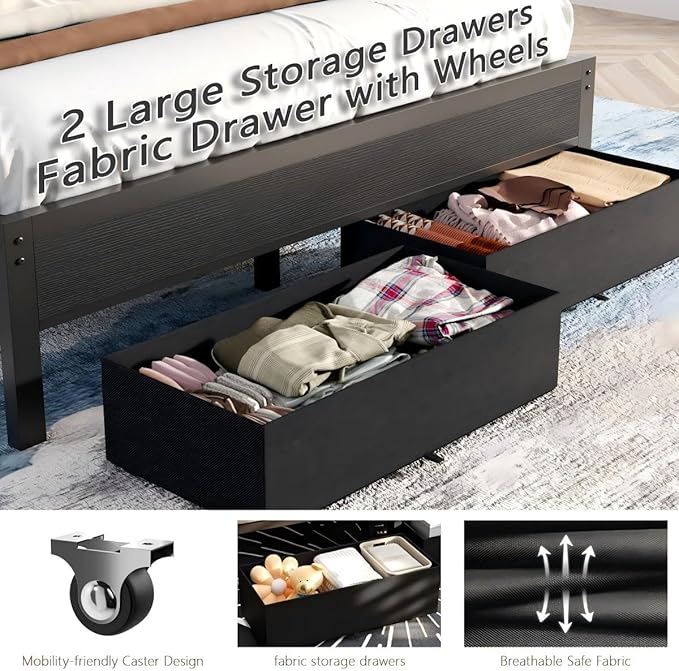 Furnulem Twin Bed Frames with Charging Station and LED Lights Grey Upholstered Headboard with Shelves Metal Platform Bed with 2 Under-Bed Storage (Fabric Drawer on Wheels) No Box Spring Needed