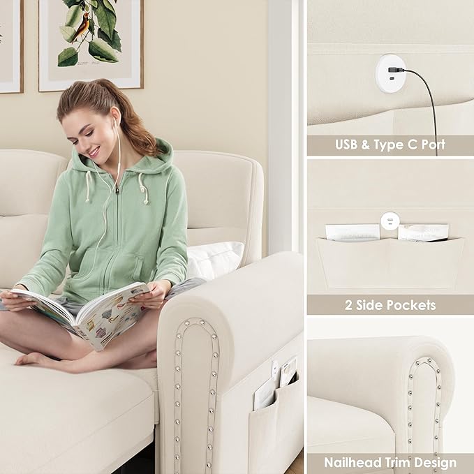 Sleeper Sofa Bed 87'' Pull Out Couch Bed with Reversible Storage Chaise &amp Nailhead Armrest Sectional Couches for Living Room Side Pocket &amp Charging Station Removable Backrest Velvet Fabri