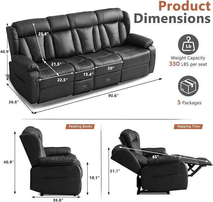 AHMED 3-Seat Manual Reclining Sofa Faux Leather Recliner Couch with Flip-Down Console Home Theater Seating with Cup Holders USB Ports &amp AC Outlet Storage Drawer for Living Room/RV Black