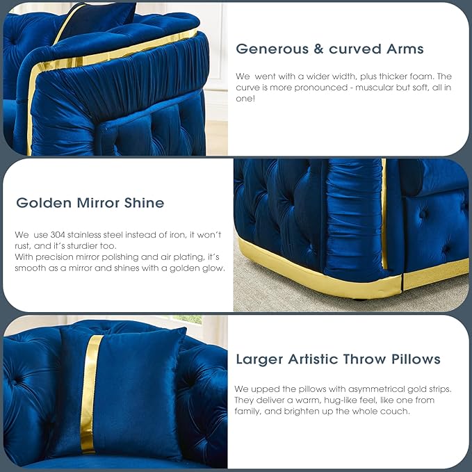 62.6 Mid Century Modern Loveseat Chesterfield Sofa Couch Blue and Gold Couch Velvet Button Tufted Luxury Couches for Living Room with Golden Decor &amp 2 Pillows Navy Blue | StainlessSteel Decor