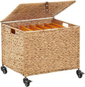 Rolling File Cabinet Basket with Smooth Rubber Casters Water Hyacinth Mobile File Organizer with Metal Frame for Home Office Fits Letter &amp Legal Hanging File Folders (Natural)