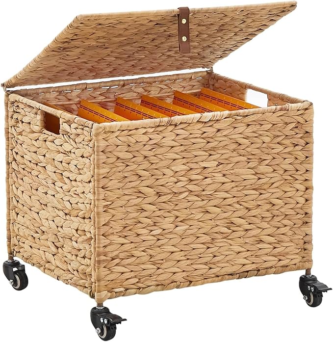 Rolling File Cabinet Basket with Smooth Rubber Casters Water Hyacinth Mobile File Organizer with Metal Frame for Home Office Fits Letter &amp Legal Hanging File Folders (Natural)