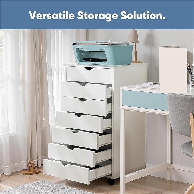 Mobile File Cabinet 7 Drawer Mobile File Cabinet Under Desk Storage Organization with Wheels Vertical Filing Chest Rolling Wood Small Desk White