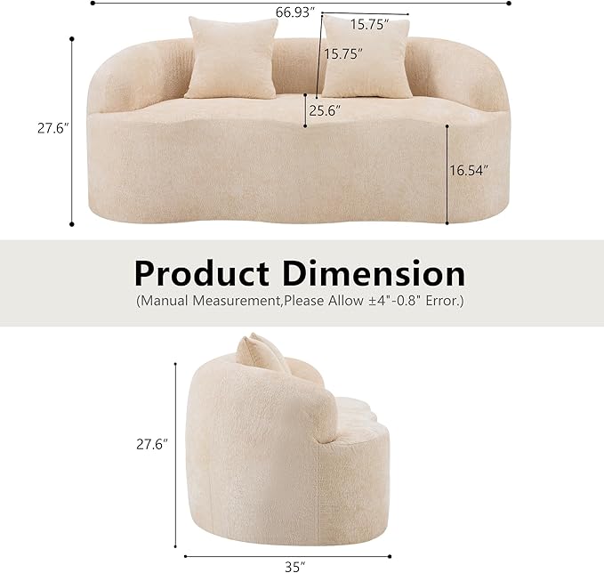 Loveseat Sectional Boneless Sofa for Living Room 67 Chenille Fabric Sofa Deep Seat Curved Cloud Floor Couch with 2 Throw Pillows for Small Spaces Beige
