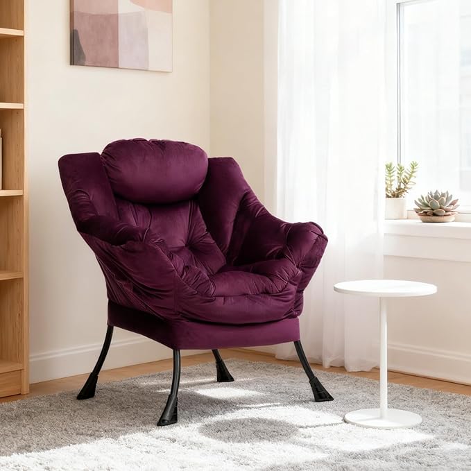 HollyHOME Lazy Chair with Armrest and Side Pocket Comfy Accent Lounge ChairLeisure Sofa Armchair for Living Room Bedroom Dorm or Small Spaces Oversized Reading Sofa ChairVelvet Deep Purple