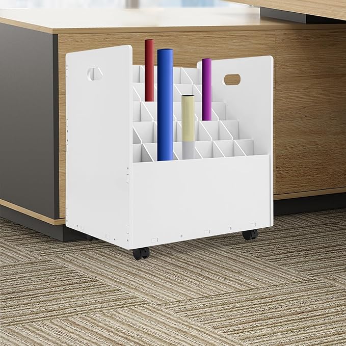 Mobile Roll File Storage Organizer with Wheels 30 Slots White Mobile Files Storage Cabinet Construction Plan Holders Roll Files Storage for Office School (30 Slots White)