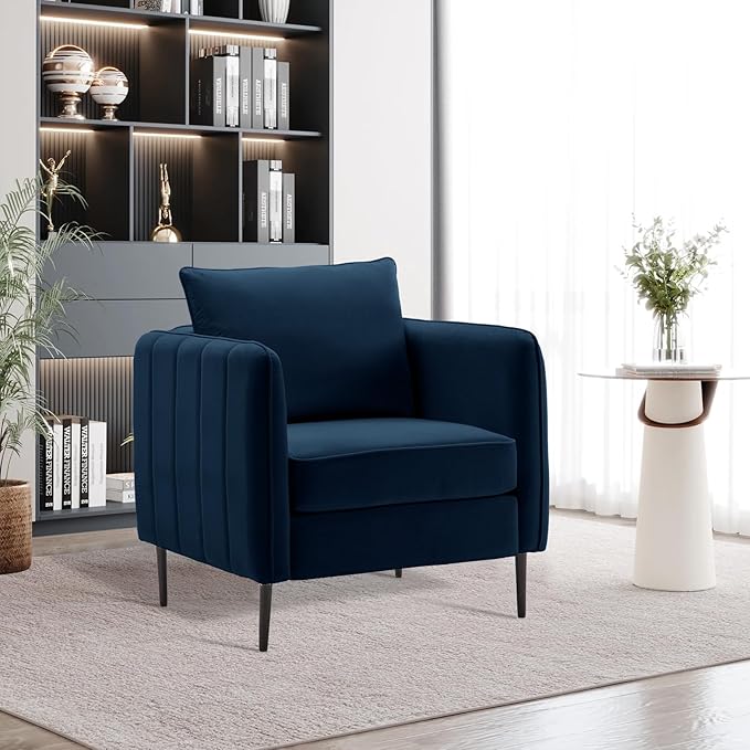 Modern Velvet Accent Chair Single Sofa Chairs Armchair with Square Arm Upholstered Accent Chairs for Living Room Bedroom Apartment (Navy Chair)