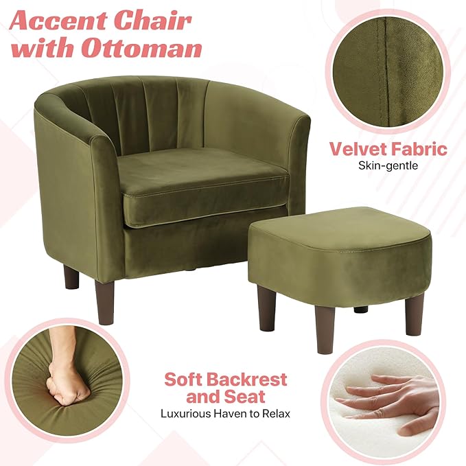 Dkelincs Accent Chair with OttomanBarrel Reading Chair with Velvet Fabric for Living RoomMore Spacious and SupportiveGood Weight CapacityGreen