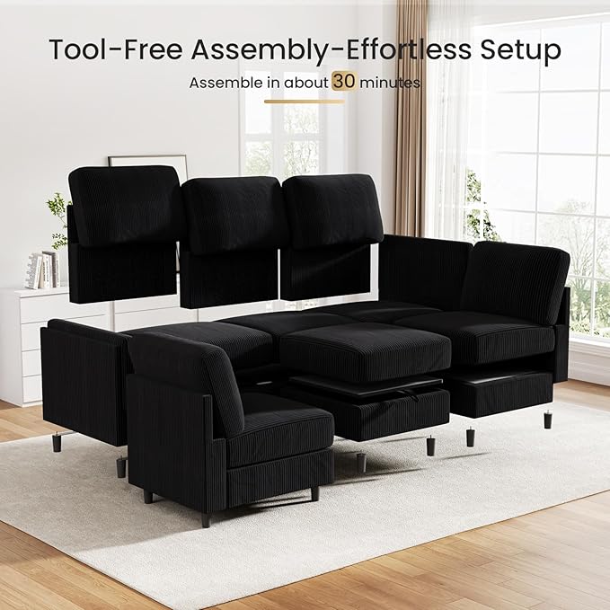 KKL Modular Sectional Sofa Bed - Sofa Couch with Storage Ottoman Convertible L/U-Shaped Sleeper Couch for Living Room Modern Reversible Design Black