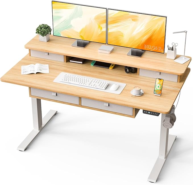 Kingant 55 x 30 Inch Electric Standing Desk with 4 Drawers Adjustable Height Computer Desk for Home Office Large Workstation Sit Stand Up Desk with Built-in USB A/C Charging Ports Nature