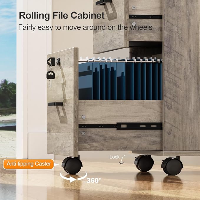 VINGLI 2 Drawer File Cabinet with Lock Wood Rustic Gray Filing Cabinet for Letter Size File Folders with Tabs Under Desk Rolling File Cabinets for Home Office Mobile File Organization Printer Stand