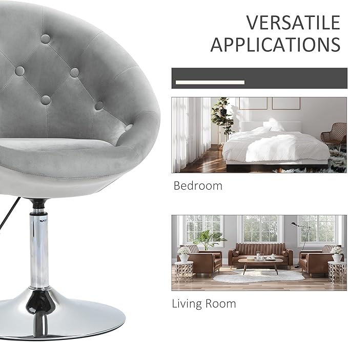 Modern Makeup Vanity Chair Round Tufted Swivel Accent Chair with Chrome e Height Adjustable for Living Room Bedroom Gray