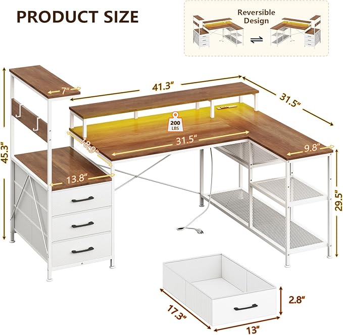 L Shaped Gaming Desk with Drawers &amp Storage Shelves Corner Gaming Desk with Power Outlets &amp LED Light Reversible Computer Desk with Monitor Stand &amp Hooks Brown and White
