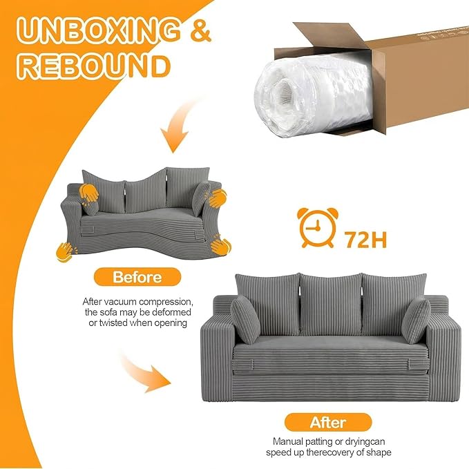 Oversize Loveseat Boneless Convertible Sofa Bed Folding Floor Futon Sleeper Sofa Queen Size Couch Bed- Boneless Foldable Couch Corduroy Pull Out Sofa Bed with 5 Pillows for Living Room &amp Bedroom