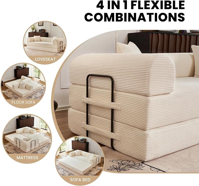 2026 Upgrade Convertible Sofa Bed 79 Inch Boneless Couch with Fixed-Shape Frame Corduroy Fabric with High Backrest Floor Sofa Modular Futon Couch for Living Room Bedroom Lounge (White) | High Backr