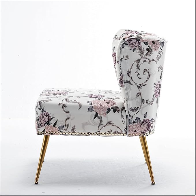 Thia Armless Accent Chair for Living Room Elegant Seat with Nailhead Trim Gold Metal Legs and Comfortable Curved Back 28 D x 25 W x 29.5 H 02 Floral Print