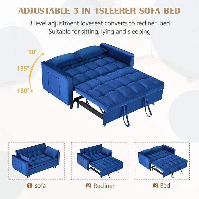 3 in 1 Convertible Sleeper Sofa Bed Modern Velvet Loveseat Pull-Out Couch Futon Love Seat Lounge Sofa with Pull-Out Bed &amp Adjustable Backrest and Side Pocket for Small Apartment Bedroom | Conve