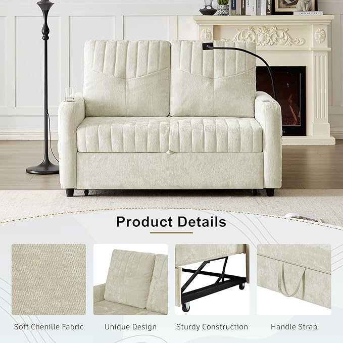 Merax Chenille 3-in-1 Pull Out Sleeper Sofa Bed Couch 54 Convertible Futon Loveseat with Adjustable Backrest 2 Cup Holders Phone Stand 3 Charging Ports and Storage Pockets for Living Room Beige
