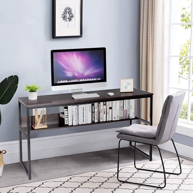 DORTALA 55 Industrial Computer Desk Contemporary Writing Table w/Storage Shelf Large Tabletop Sturdy Metal Structure Adjustable Foot Pads