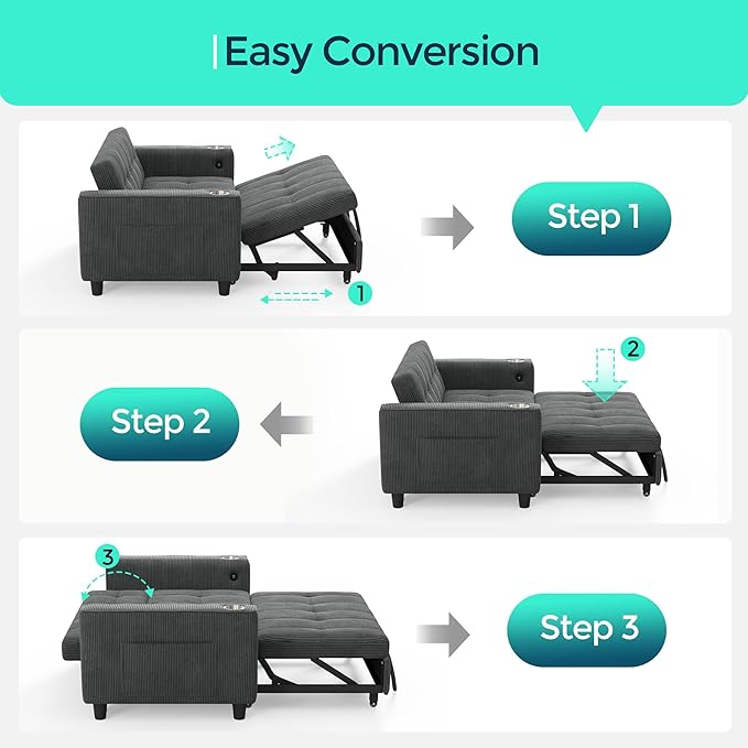 LINSY Sleeper Sofa Bed 54 Pull Out Couch with Charging Station &amp Cup Holder Small 3 in 1 Convertible Loveseat Sleeper Couch for Apartment Dorm Room Bedroom and Small Space Corduroy Gray