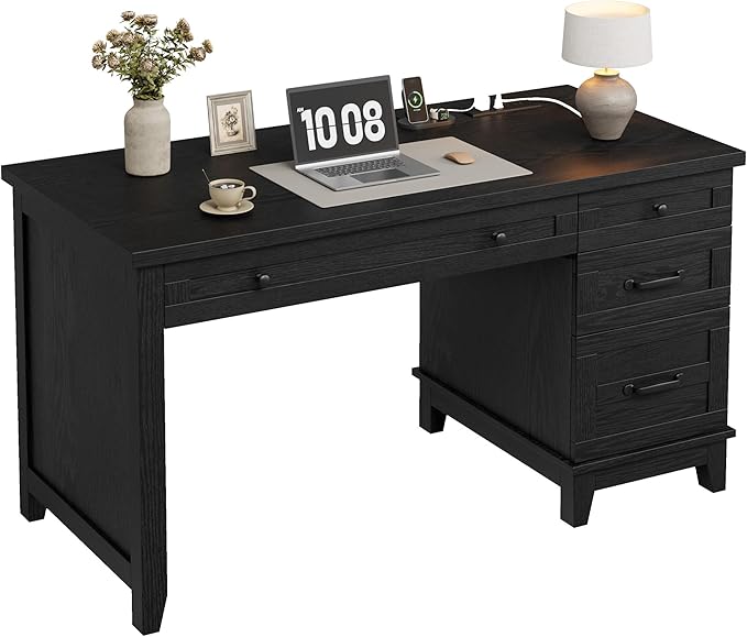 IDEALHOUSE Rustic Wood Double Desk with Built-in Charging Station &amp 4 File Drawers Spacious 2-Person Writing Table for Home Office Heavy-Duty Dual Workstation for Study &amp Work Black