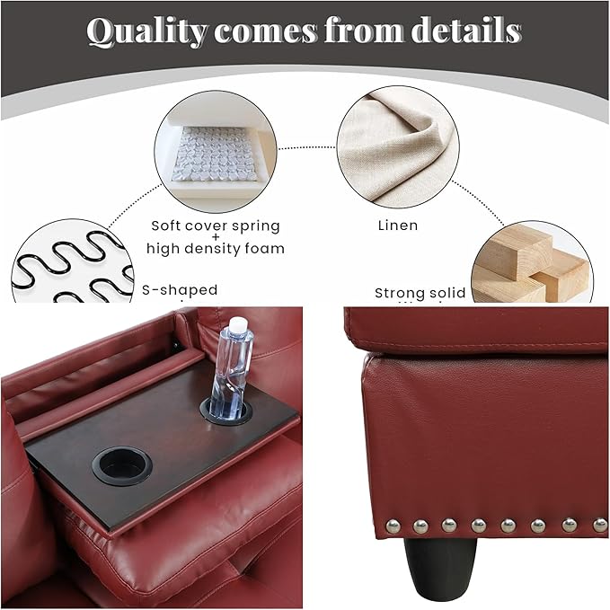 FONTOI Leather Sectional Couch Sofa Modern Nail-Head Design L Shaped Sectional Sofa for Living Room 4 Seat L Couch with Storage Ottoman &amp Cup Holder for Bedroom Apartment Red
