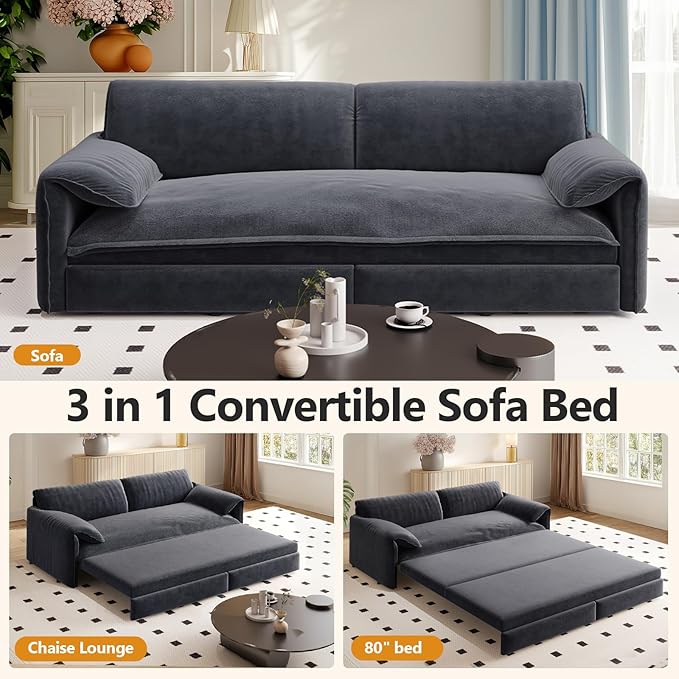 66 Queen Size Sofa Bed 3 in 1 Convertible Pull Out Sleeper Sofa with Thicked Cushions and Side Storage Velvet Loveseat Couch for Home Living Room Bedroom Apartment Lounge Small Spaces Grey
