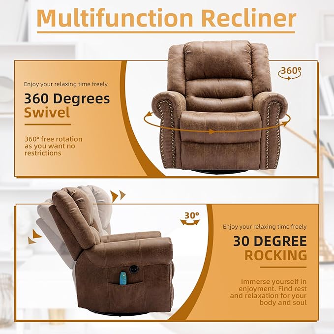 Manual Massage Recliner with Heating Function 360° Swivel Glider Rocking Recliner Chair for Living Room Ergonomic Single Sofa Chair with Remote Control/USB Ports/Side Pockets(Brown)