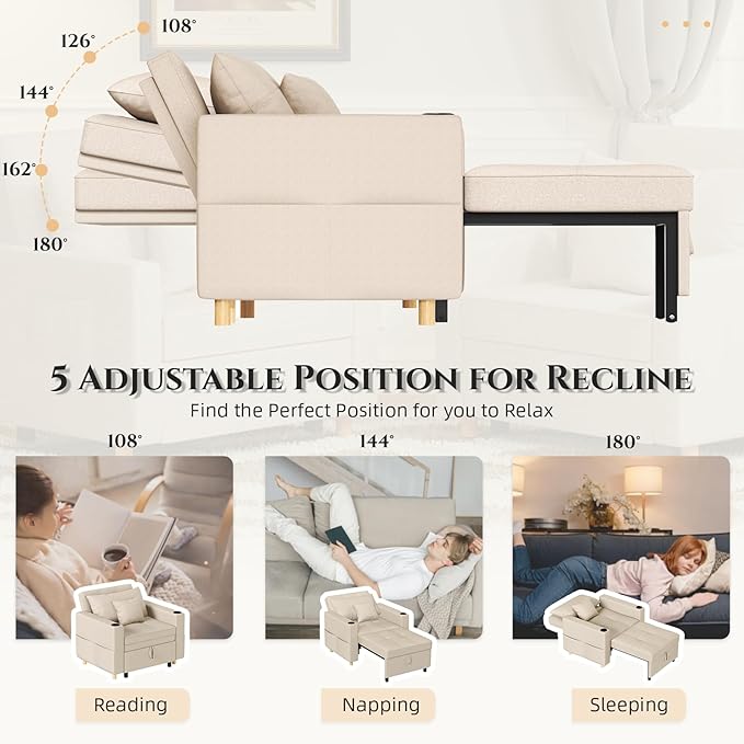 YODOLLA Sleeper Chair 38 Extra Wide Convertible Chair Bed Upgraded 3-in-1 Pull Out Single Sofa with Adjustable Backrest Cup Holder Pocket for Adults for Living Room Apartment Small Space Beige